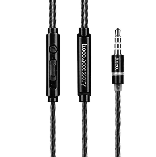 Hoco M18 Gesi metallic in-ear earphones with microphone and 3.5mm jack, shown in black with inline controls.