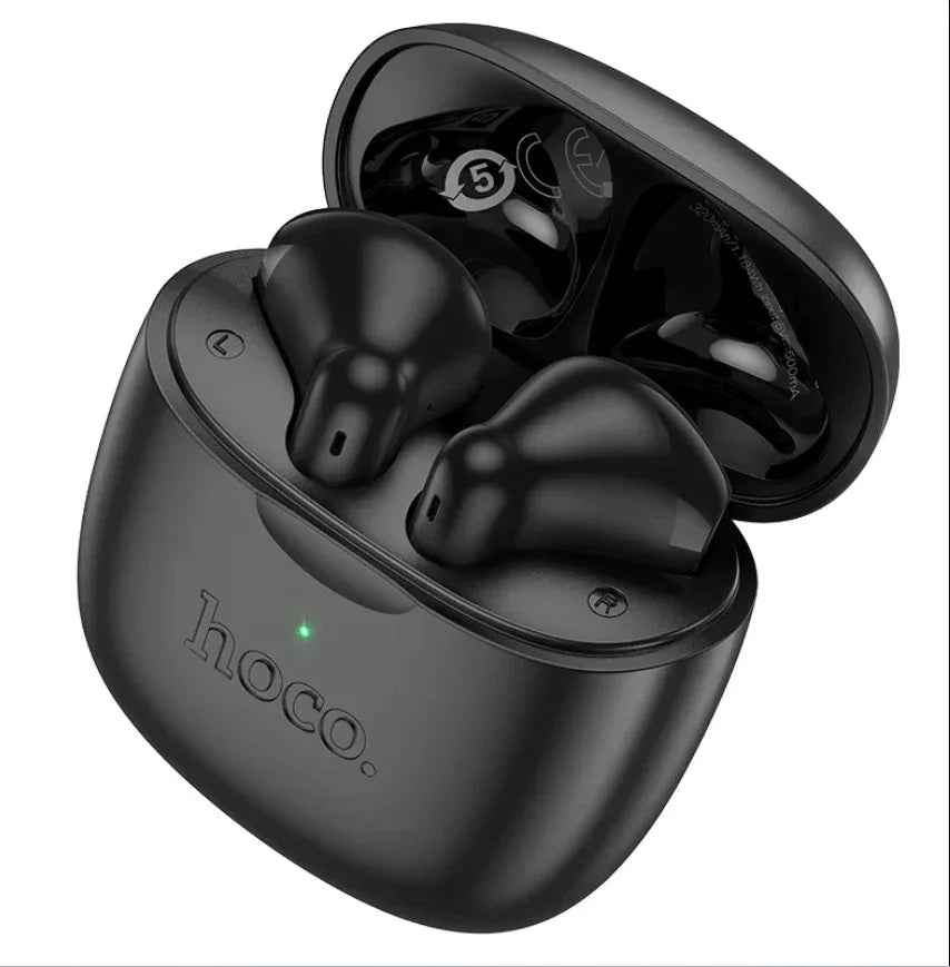 Techplus Hoco TWS Earbuds EW201 in black with deep bass, IPX4 water resistance, wireless design, and compact charging case.