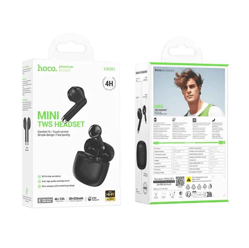 Black TechPlus Hoco TWS Earbuds with deep bass and IPX4 water resistance, model EW201, shown in the image.