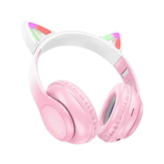 Pink Hoco W42 LED wireless Bluetooth headphones from TechPlus with in-ear design and built-in LED lights for stylish listening.