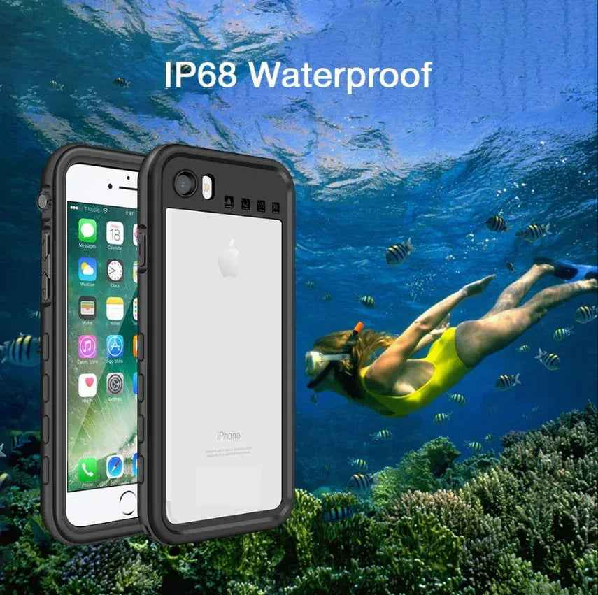 Black waterproof case for iPhone 7 by TechPlus, designed to protect the device from water and dust.