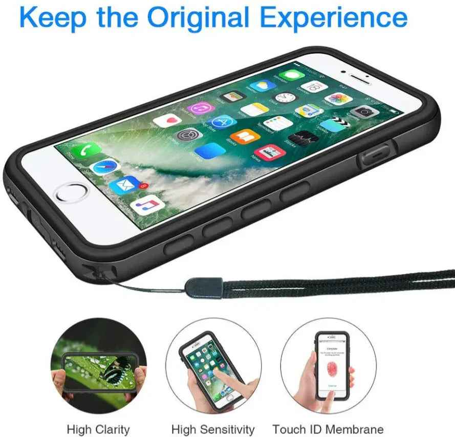 Techplus Redpepper waterproof case in black for iPhone 7 Plus and 8 Plus, showing the sleek protective design and clear front cover.