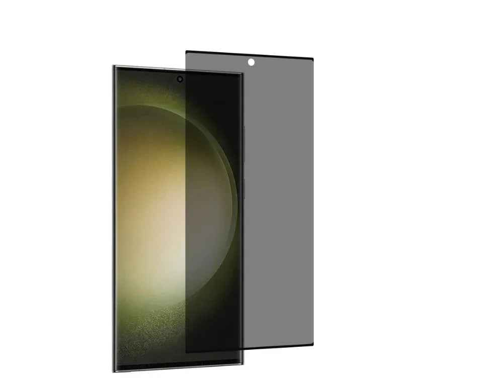 Samsung Galaxy S26 Ultra glass privacy screen protector by TechPlus, showing the clear screen with privacy filter and protective edges.
