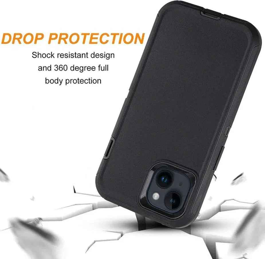 Techplus iPhone 15 Plus heavy-duty shockproof mobile phone case showing durable black protective cover with reinforced edges.