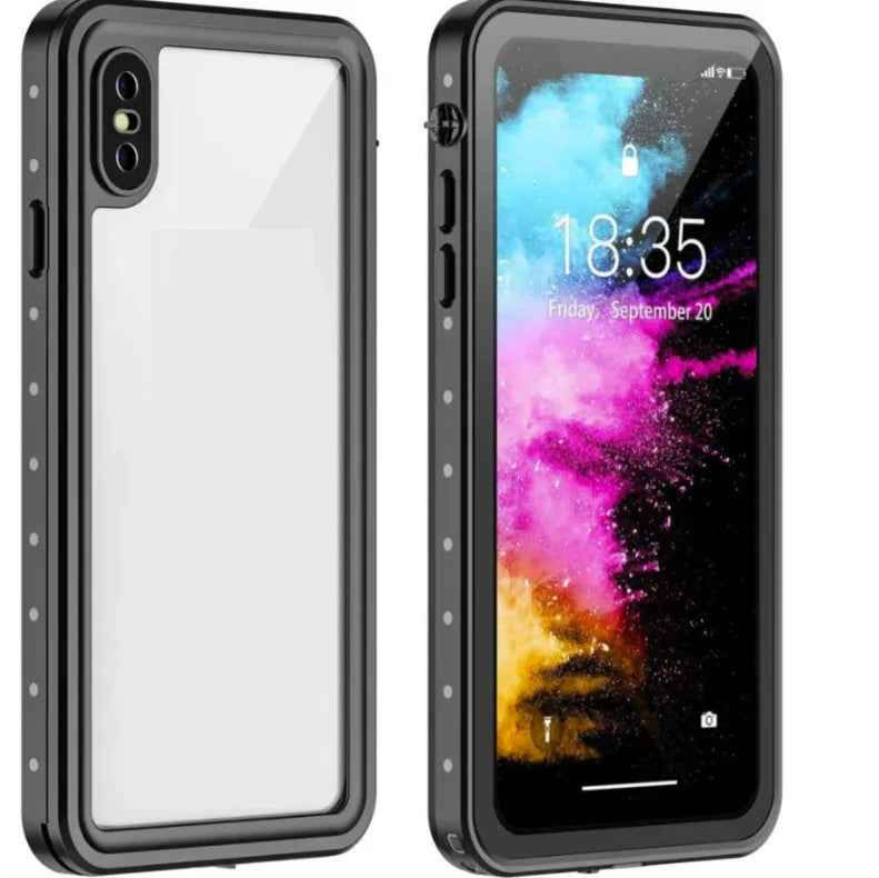 Techplus iPhone X waterproof case in red with full protective cover, designed to safeguard the mobile phone from water and impact.