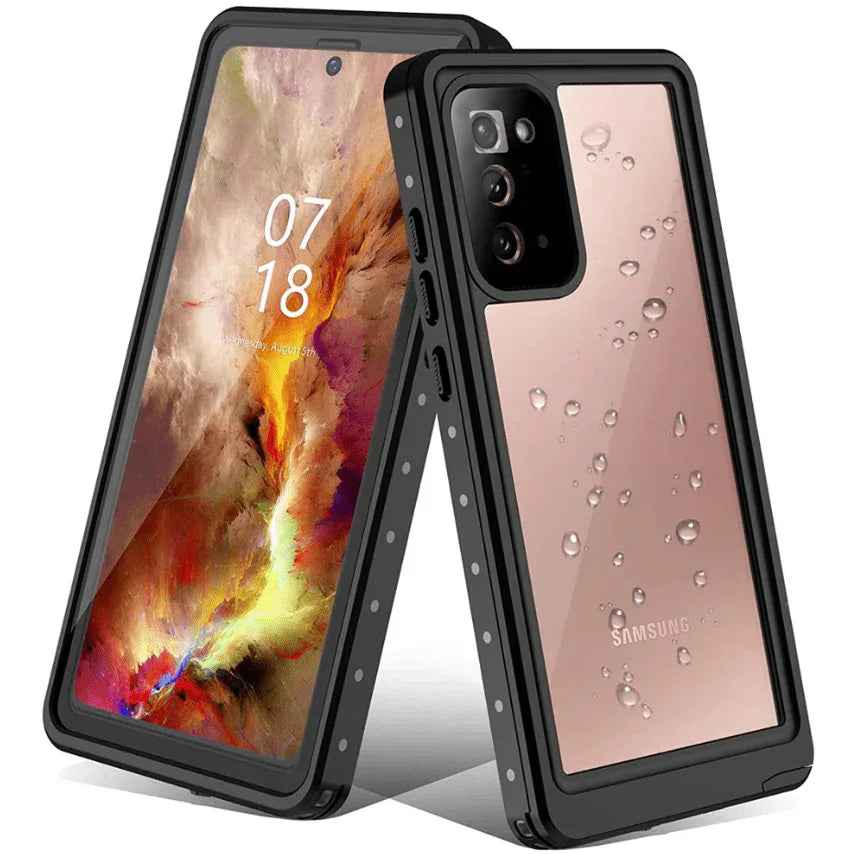 Techplus waterproof shockproof case for Samsung Galaxy Note 20, showing durable protective design with clear front and rugged edges.