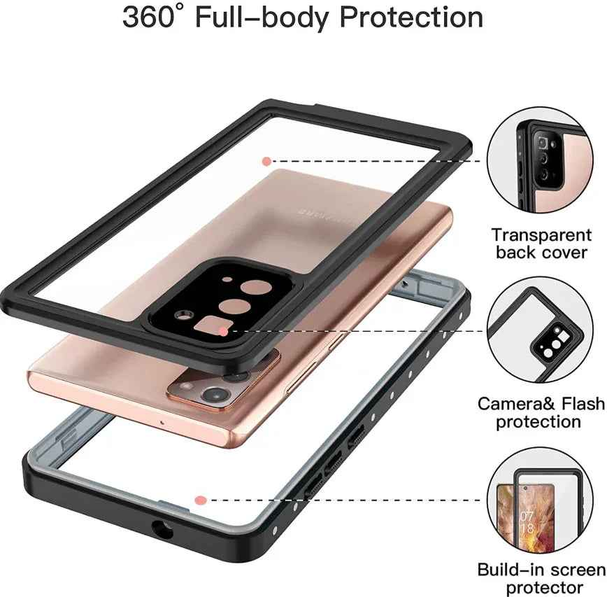 Techplus waterproof shockproof case for Samsung Galaxy Note 20, showing the durable protective cover with clear design and precise cutouts.