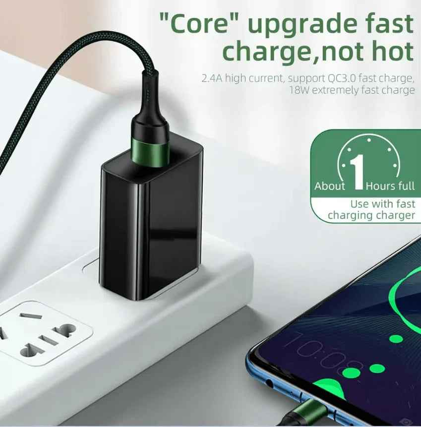 Techplus USB-C nylon braided cable, 1-meter length, designed for fast charging and data transfer with compatible smartphones.