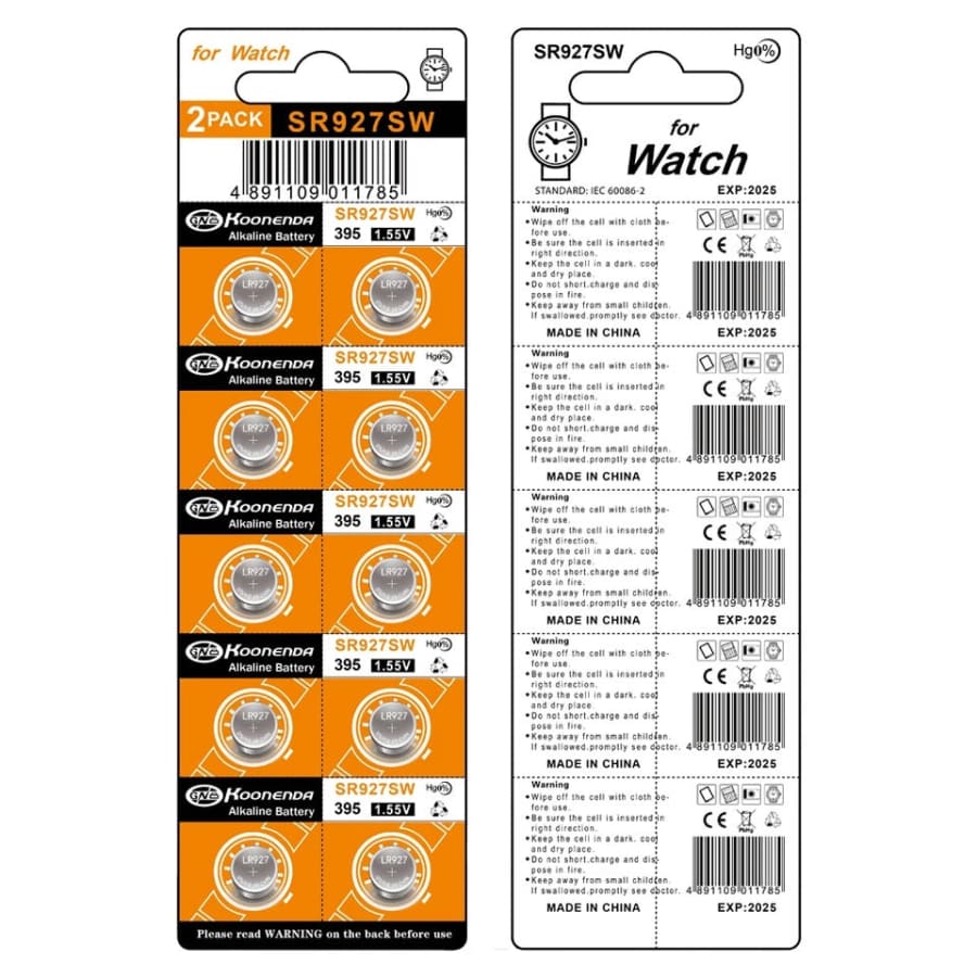 Pack of 10 SR927SW watch batteries for Koonenda watches, compact and sealed, from That Watch Shop.