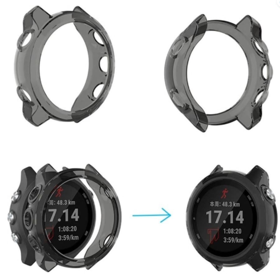 Black clear protective watch case for Garmin Forerunner 645 series, designed to shield the smartwatch from scratches and impacts.