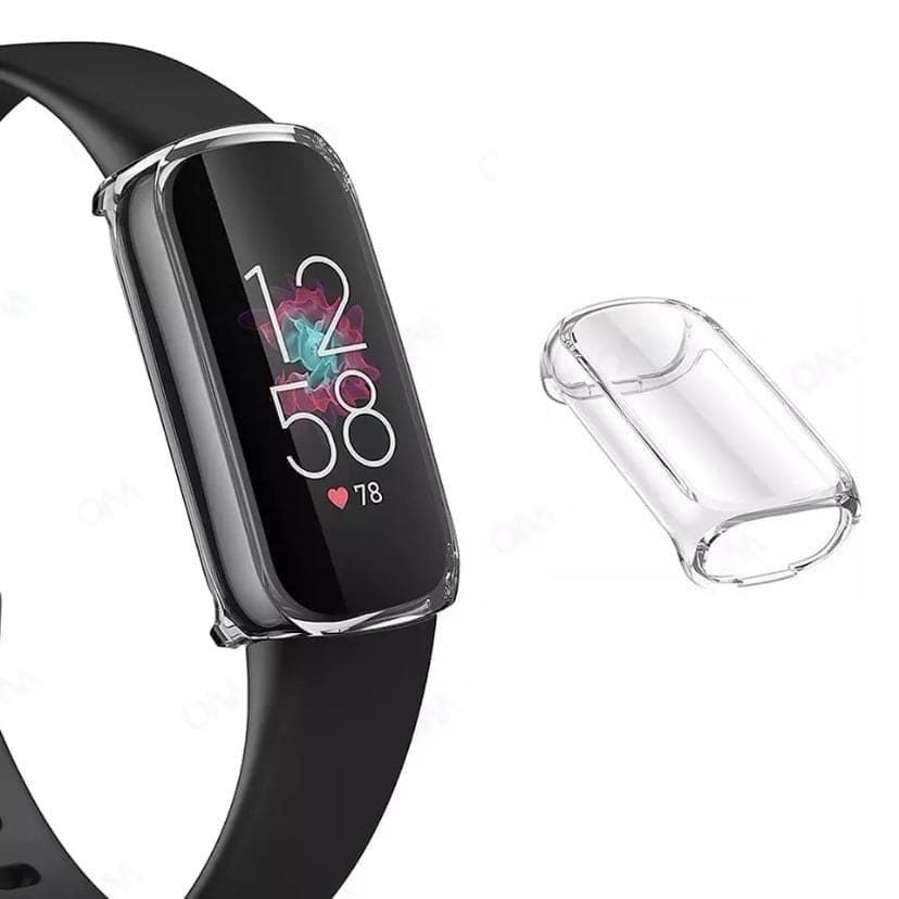 Clear protective watch case for Fitbit Luxe by That Watch Shop, showing a transparent cover fitted on the device.
