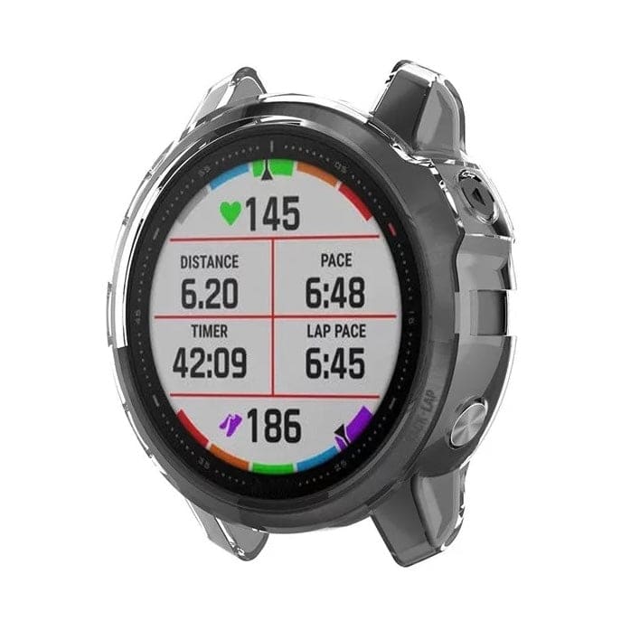 Clear protective watch case for Garmin fenix 6 and 6 Pro series, made by That Watch Shop, shown on a smartwatch.