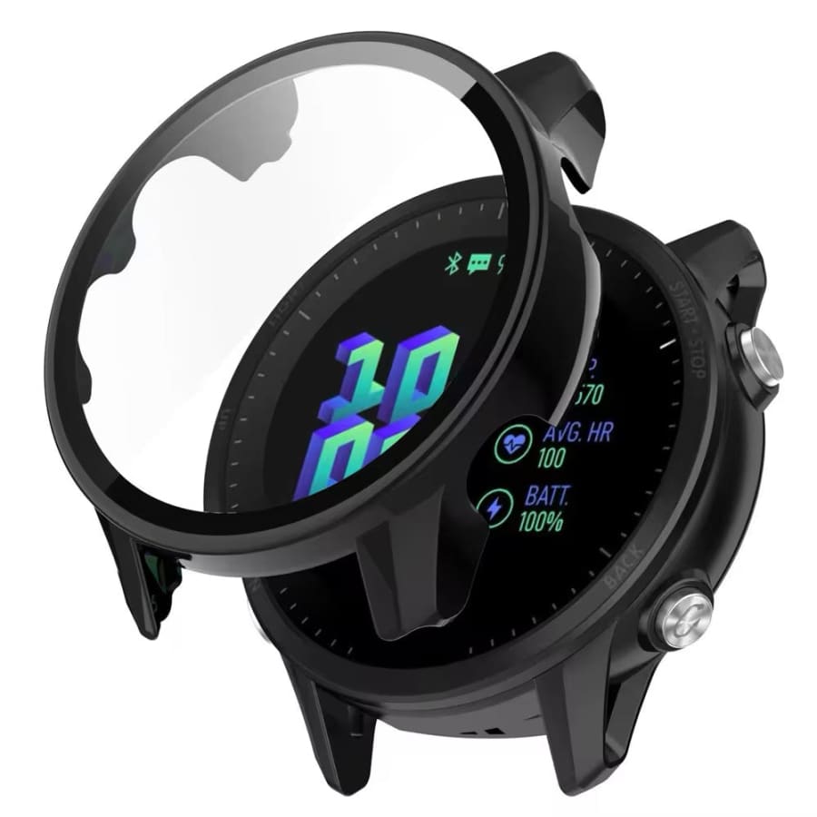 Black protective watch case for Garmin Forerunner 955, designed to safeguard the smartwatch from scratches and impacts.