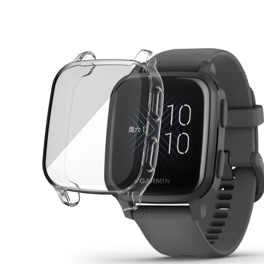 Clear protective watch case for Garmin Venu Sq Series, made by That Watch Shop, shown on a smartwatch.