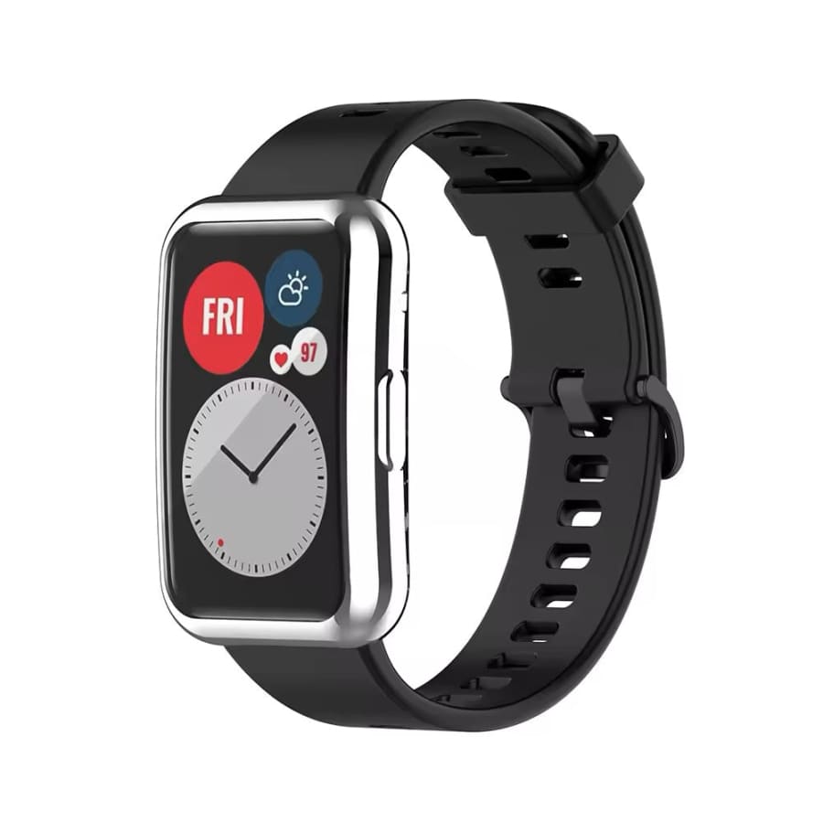 Silver protective watch case for Huawei Watch Fit, made by That Watch Shop, offering durable coverage and style.