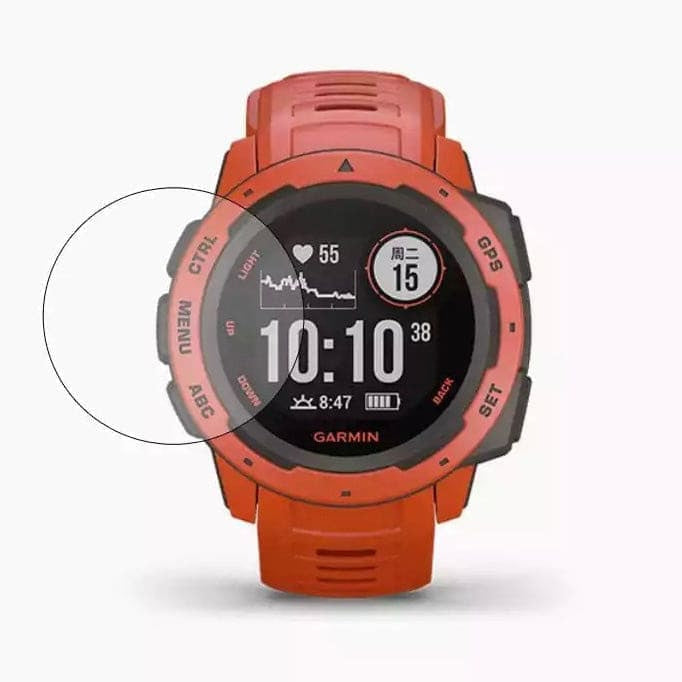 Pair of Garmin Instinct 2 series watch screen protectors by That Watch Shop, clear protective covers for smartwatch screens.