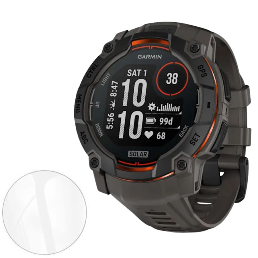 Pair of Garmin Instinct 3 45mm watch screen protectors by That Watch Shop, clear protective films for smartwatch screens.