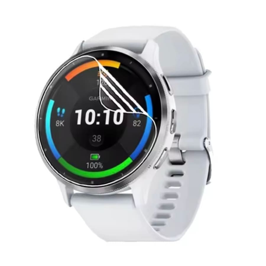 Set of six hydrogel screen protectors for Garmin Venu 3 smart watch, showing clear, flexible protective sheets on watch display.
