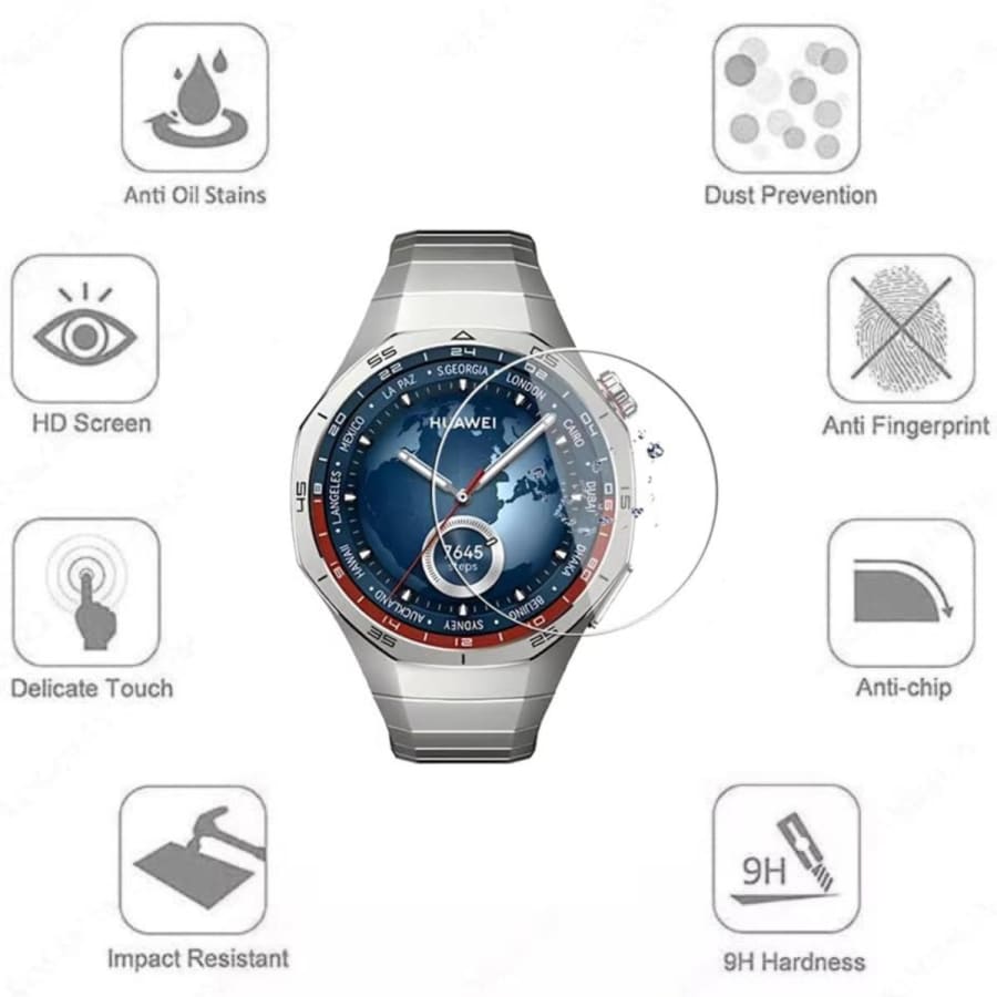 Pack of two Huawei GT5 46mm watch screen protectors from That Watch Shop, designed to protect and enhance the smartwatch display.