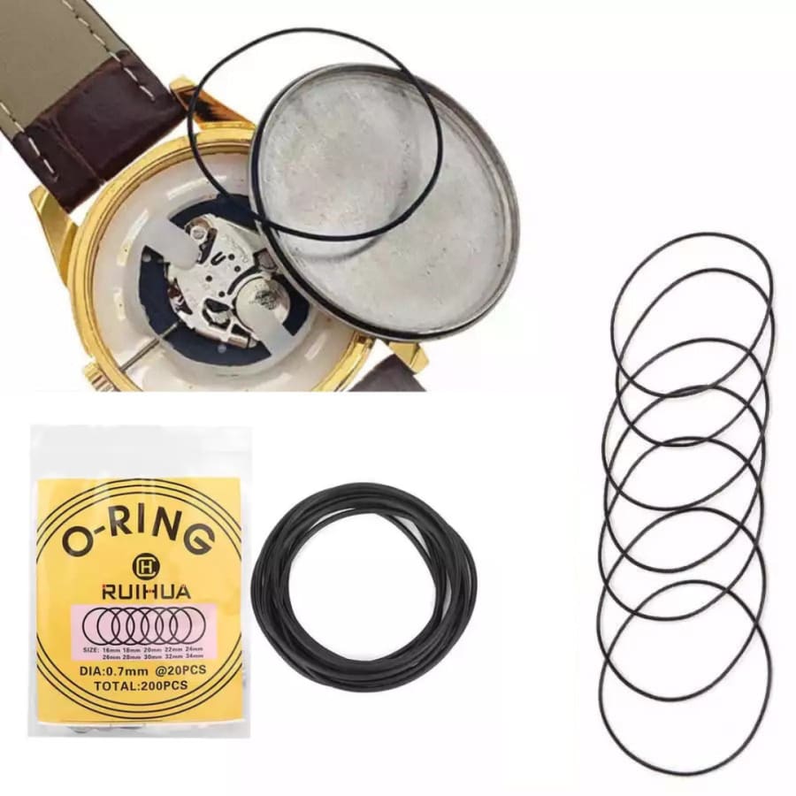 Close-up of 0.7mm watch O-rings for waterproof watches, used as part of watch repair tools from That Watch Shop.