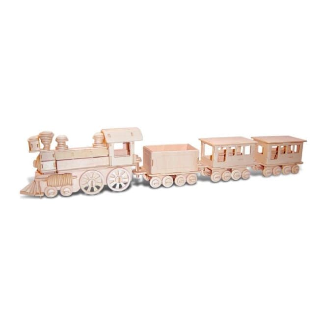 3D train puzzle by 9eight5 featuring detailed wooden train pieces and colorful design for assembling and display.