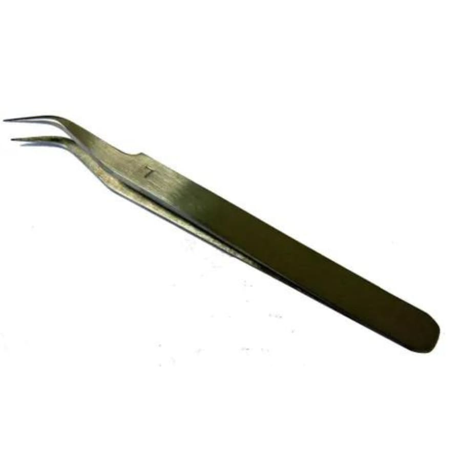 Curved stainless steel non-magnetic No.7 watch tweezers for precise handling of small watch components.