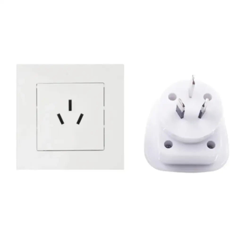 White UK/US to AU power plug adapter by Habicare, 10A 250V, designed for seamless connection between UK/US and Australian outlets.