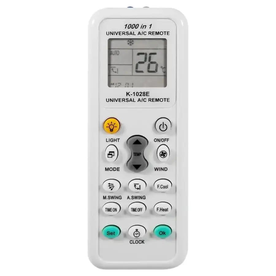 9eight5 universal heat pump remote control with buttons and display, designed for electronic heating system operation.