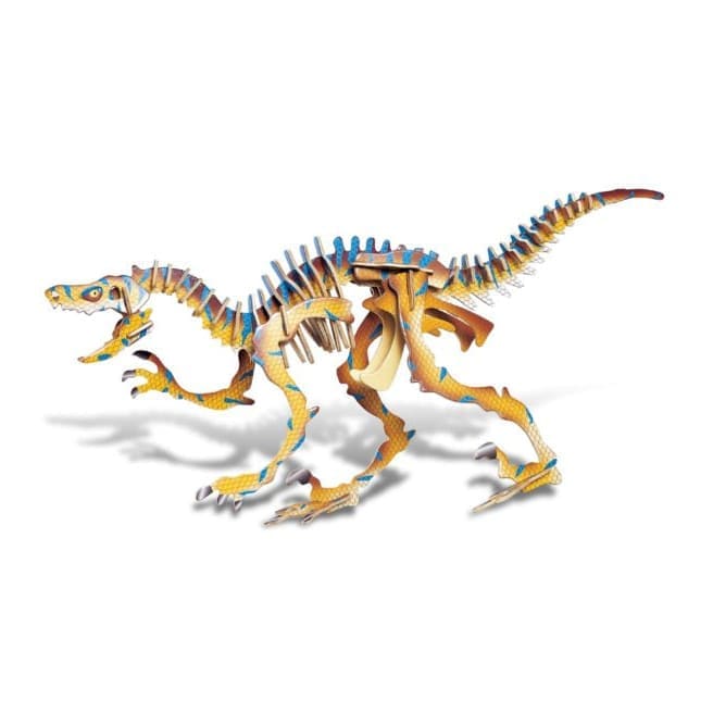 Illuminated 3D Velociraptor puzzle by 9eight5, showing a detailed, glowing dinosaur figure assembled from puzzle pieces.