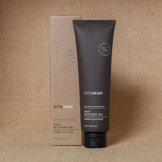 VITAMAN Australia Foot Recovery Gel applied to feet, soothing body gel for post-exercise or tired feet recovery.