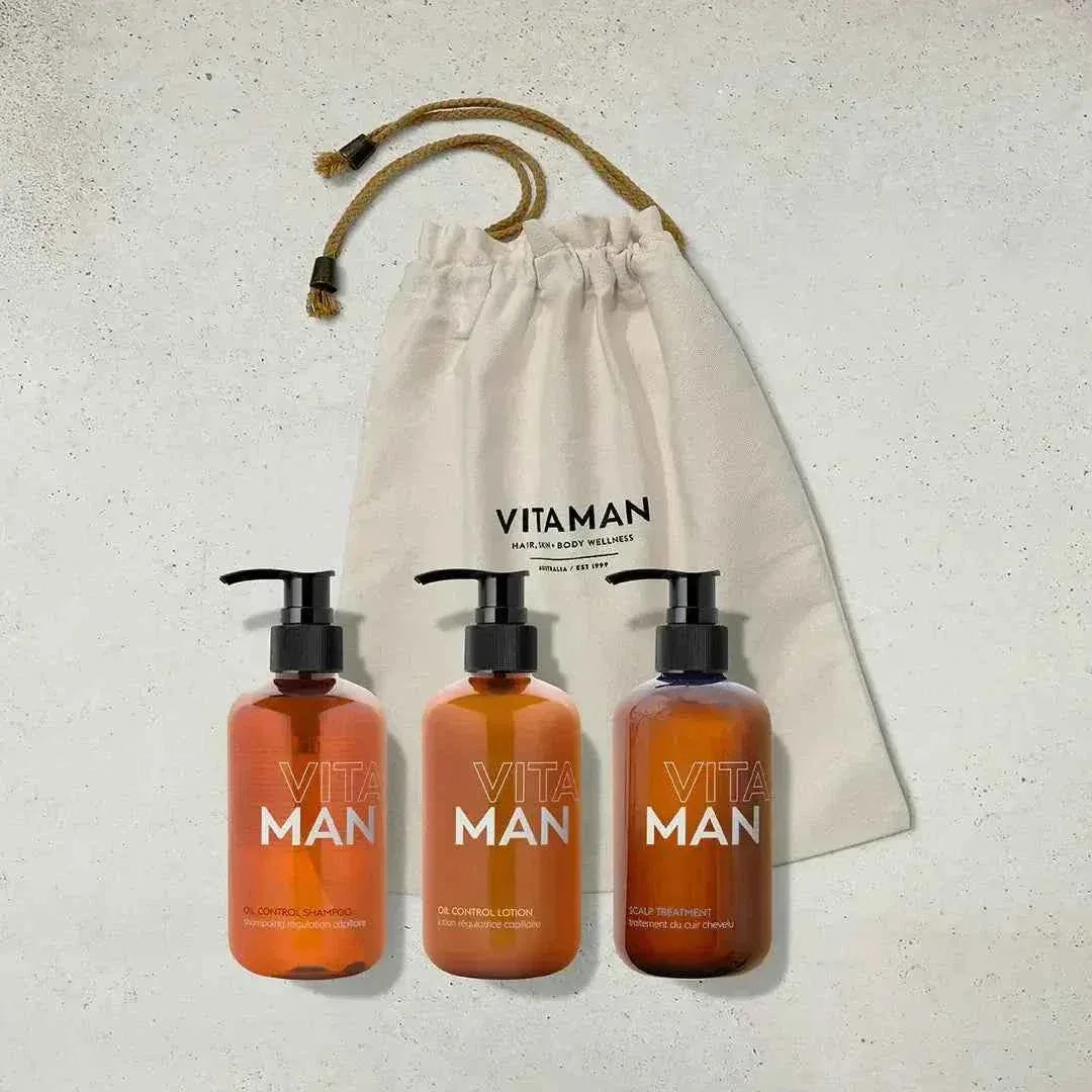 VITAMAN Australia Oily Hair Solution Kit gift set with shampoo, conditioner, and scalp treatment for oily hair care.