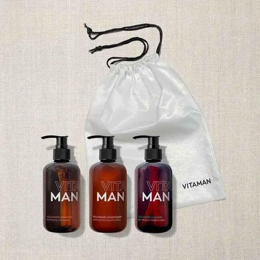 VITAMAN Australia Shower Essentials Kit gift set with shampoo, body wash, and skincare products for men, neatly arranged in a box.