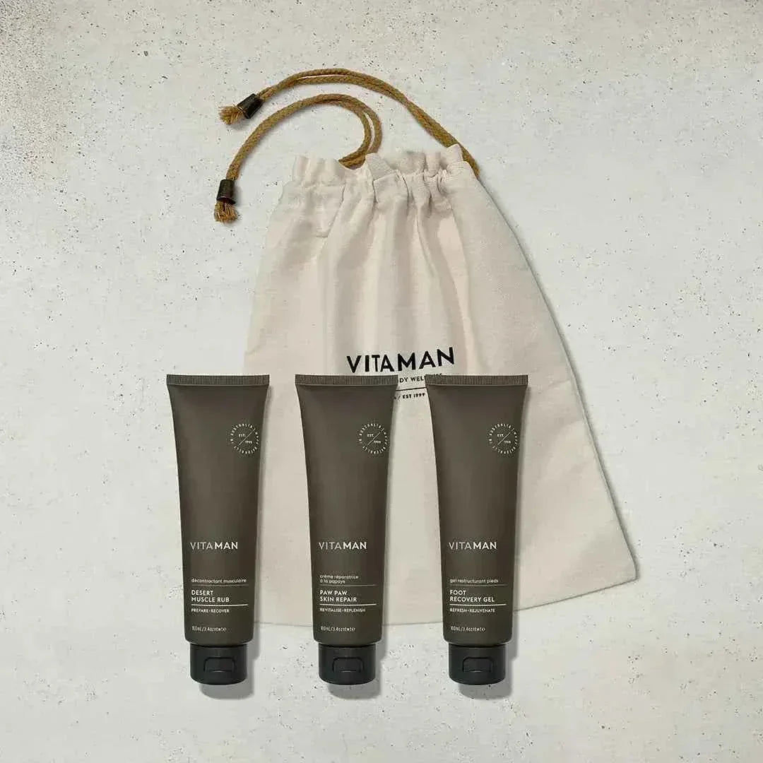 VITAMAN Australia Body Fit Essentials Kit featuring skincare products for body care and fitness support.
