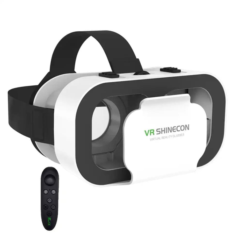 9eight5 VR goggles with remote control, featuring adjustable head straps and immersive virtual reality headset for gaming and experiences.