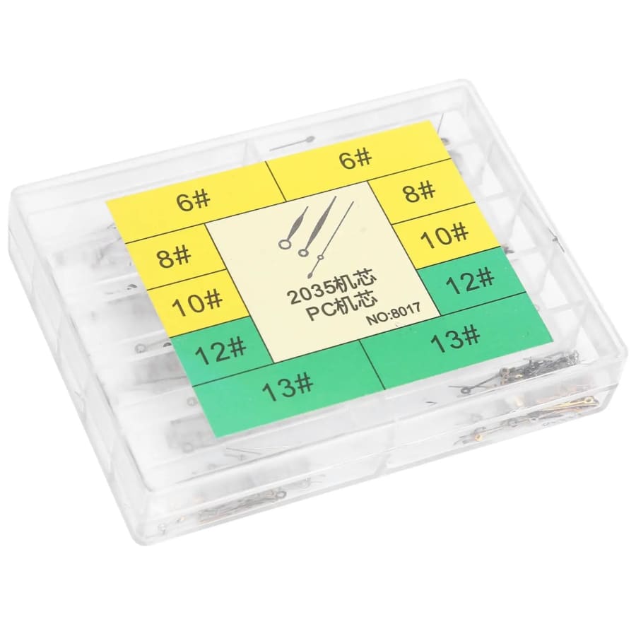 Set of 100 watch hands including hour, minute, and second hands in black, gold, and silver for watch repair and customization.