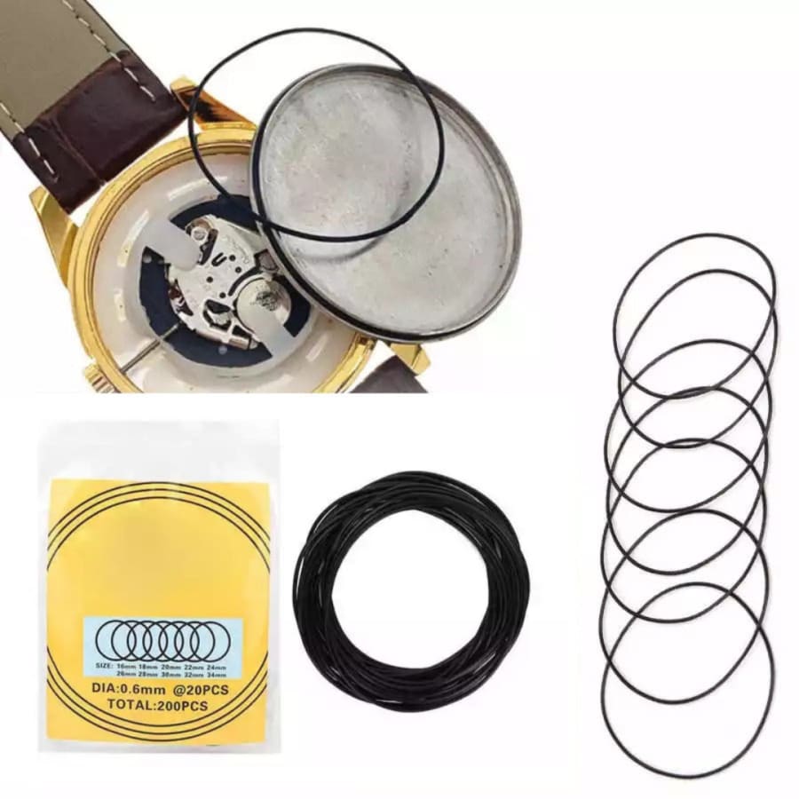 Close-up of 0.6mm watch O-rings for waterproof watches, part of watch tools by That Watch Shop, used for sealing watch cases.