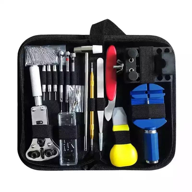 Set of 147 watch repair tools including screwdrivers, tweezers, and pouches for watch repair by That Watch Shop.