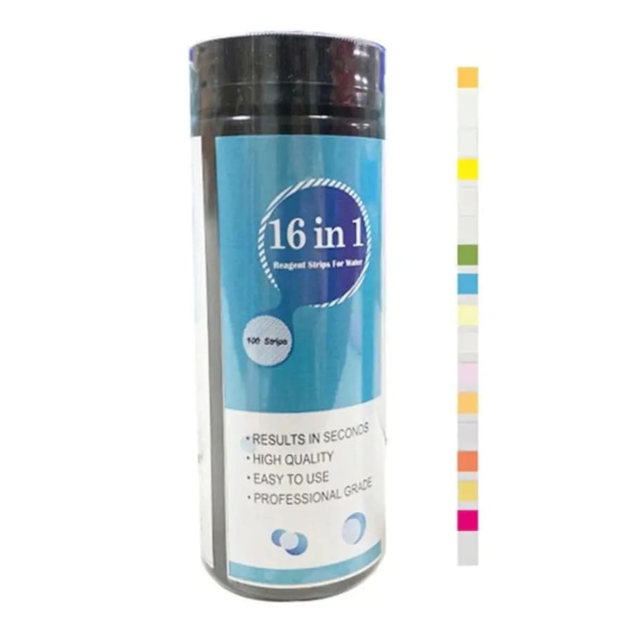 Water quality test strips by 9eight5, set of 50 with 16 variables for testing water pH, chlorine, nitrate, and more.