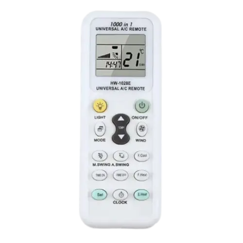 Habicare HBC wireless remote control for heat pump and AC units, showing buttons and display for temperature adjustment.