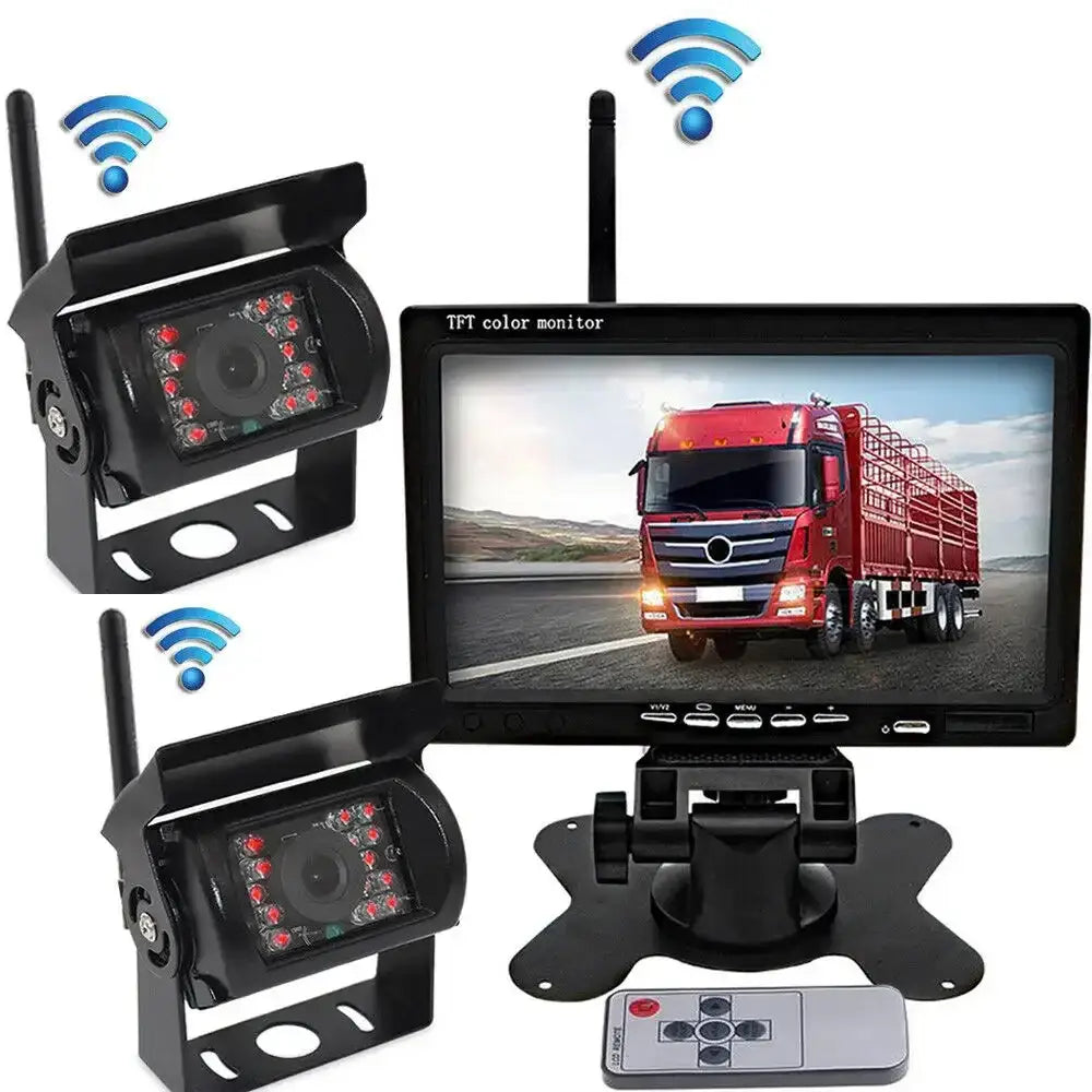 Habicare Wireless Reverse Camera Kit with 7-inch monitor, IR night vision, suitable for trucks, buses, and RVs.