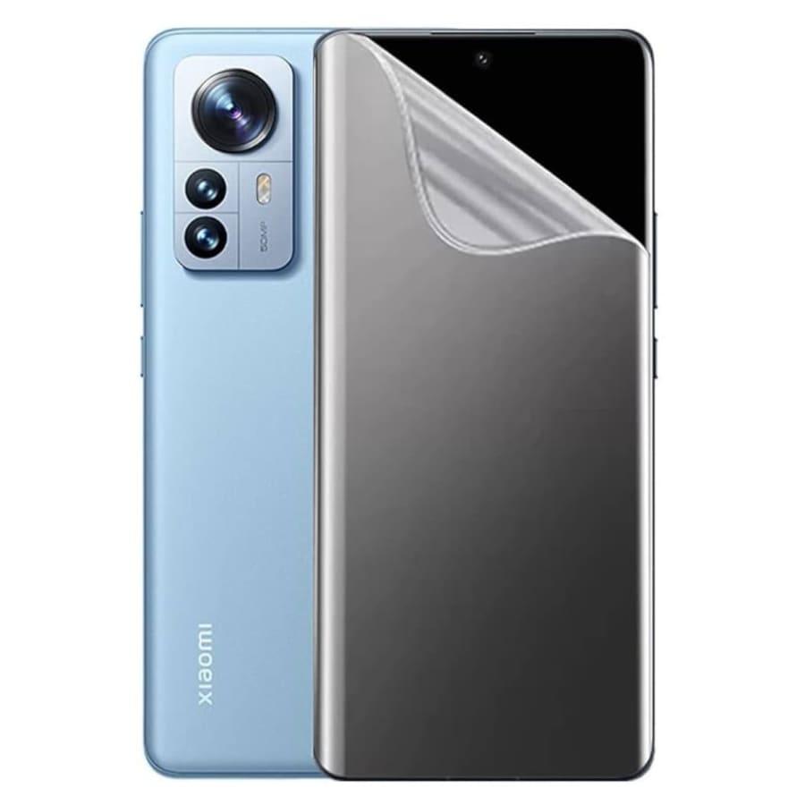 Two 9eight5 hydrogel screen protectors for Xiaomi 12 Pro, showing clear, flexible protection fitted on a smartphone screen.