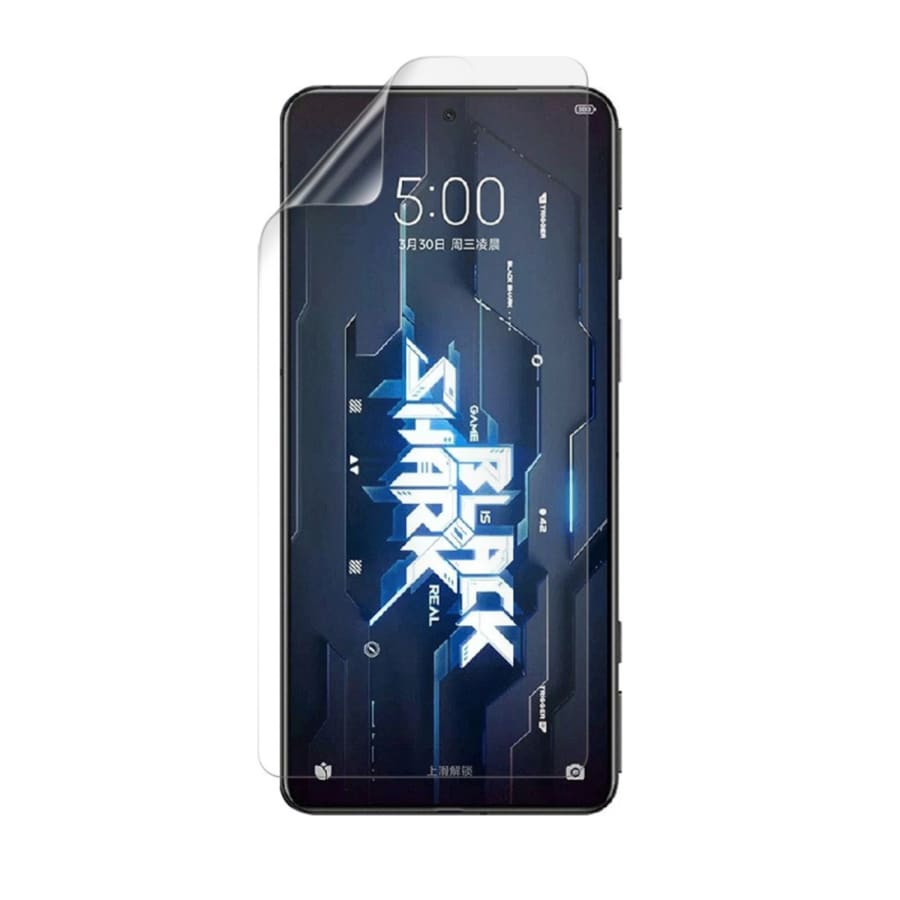 Hydrogel screen protector for Xiaomi Black Shark 5 Pro by 9eight5, showing the transparent film covering the gaming smartphone screen.
