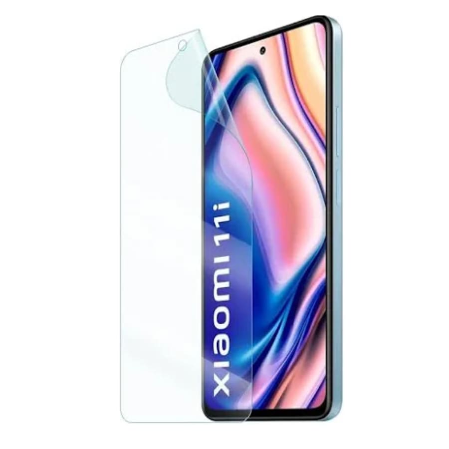Hydrogel screen protectors for Xiaomi Mi 11i by 9eight5, two-pack, showing clear, flexible film covering the phone screen.