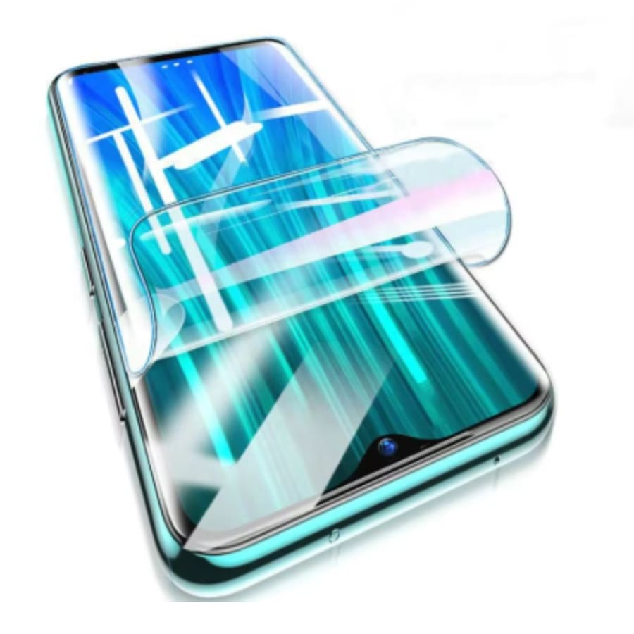 Hydrogel screen protector for Xiaomi Mi CC9e by 9eight5, showing the clear, flexible film applied to the phone screen.