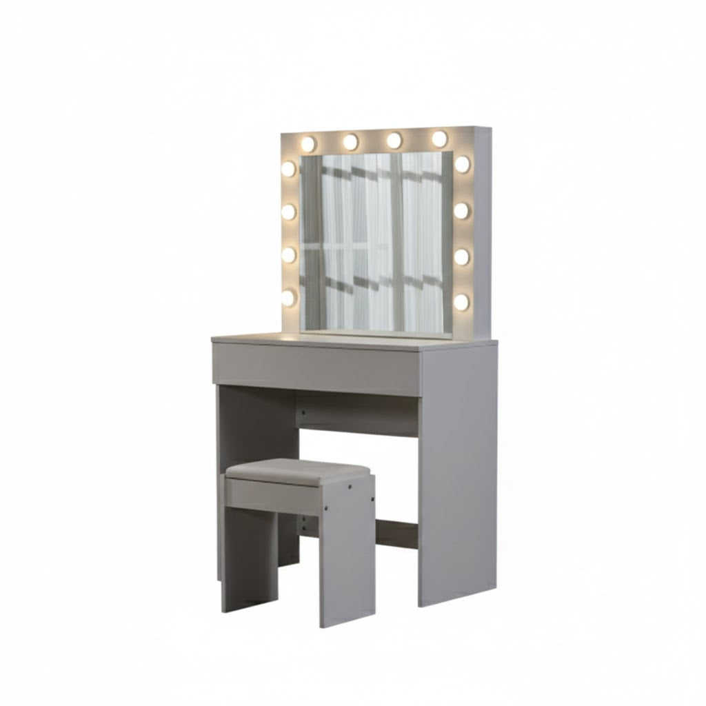 York LED light dressing table with mirror and matching stool by sue-e furniture, featuring sleek design and illuminated mirror.