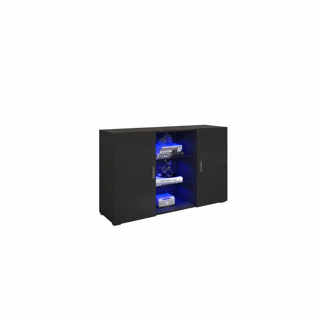 Zara black RGB LED lighting side stand for cabinets and bookshelves by sue-e furniture, featuring modern design and customizable lighting.