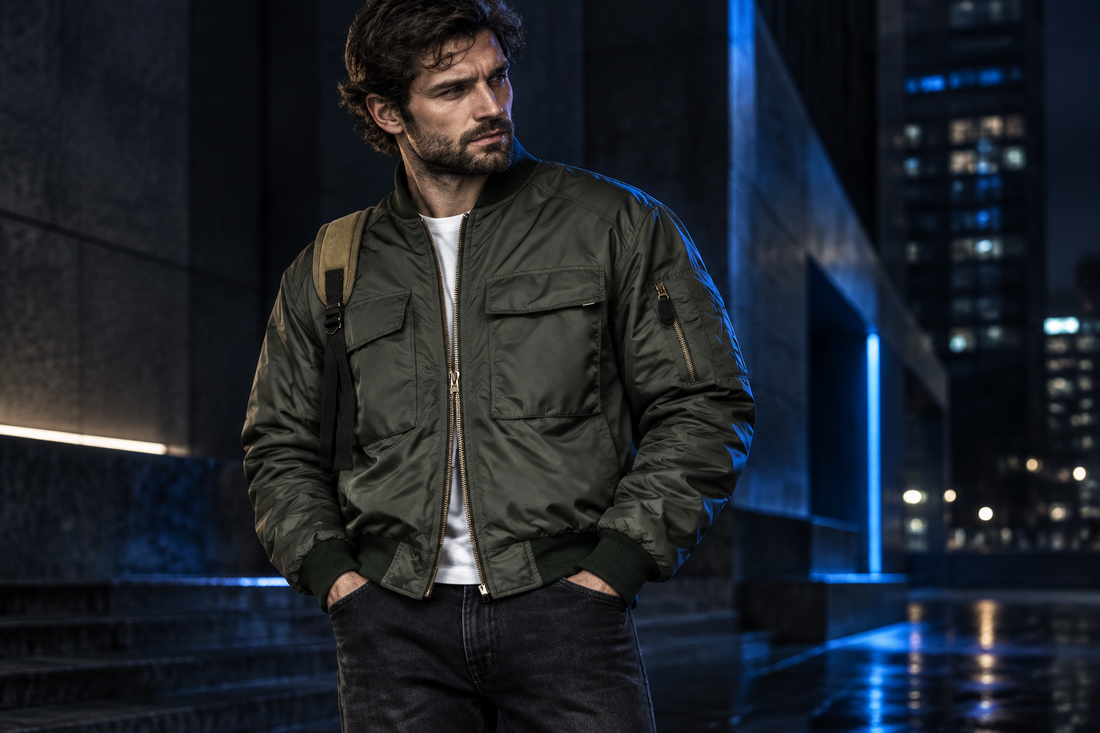 Editorial styling inspiration featuring an olive bomber jacket in a dark urban setting