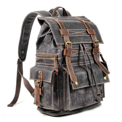 Beeswax Canvas & Leather Mountaineering Bag – Waxed Canvas Travel Rucksack | Unisex | Dark Gray, Coffee, Gray Green