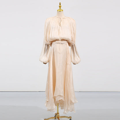 Brown Satin Lantern Sleeve Dress with Tie Waist