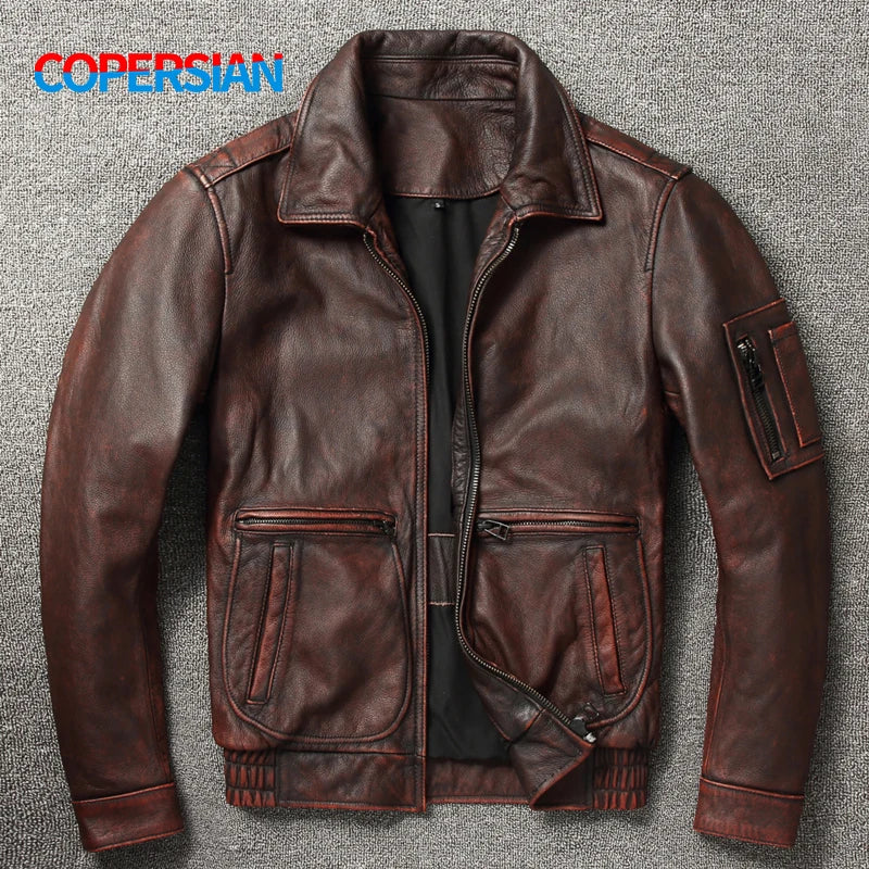 100% Cowhide Genuine Leather Biker Jacket for Men - Moto & Vintage Slim Fit Lapel Leather Coat